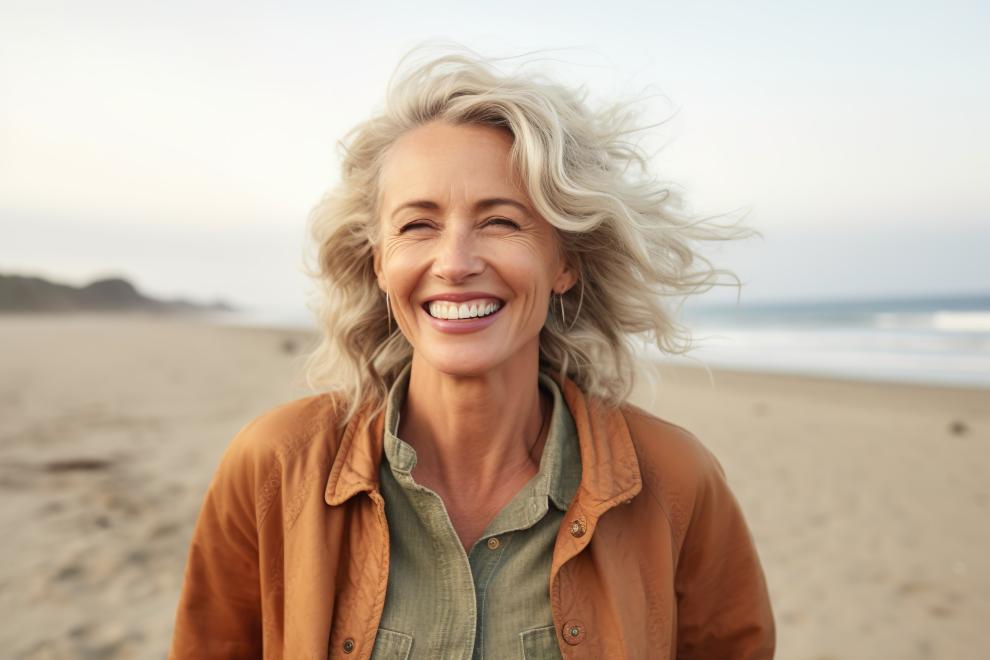 A middle aged woman is on a beach smiling.