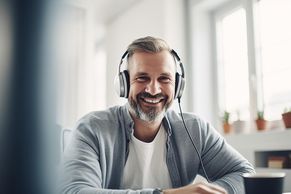 A middle age man is smiling while wearing headphones.